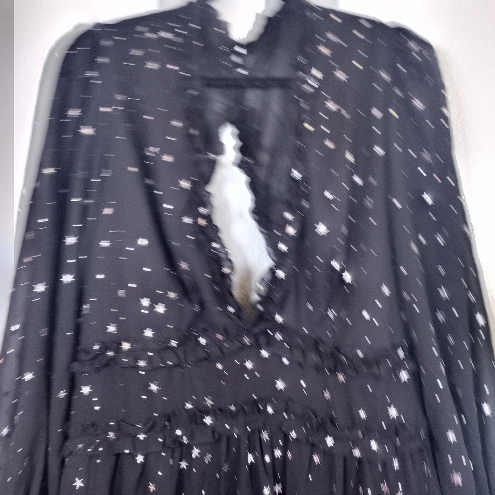 Whimsigoth Sheer Black Silver Star Ruffled Deep V Festive Holiday Dress XL - Picture 4 of 11